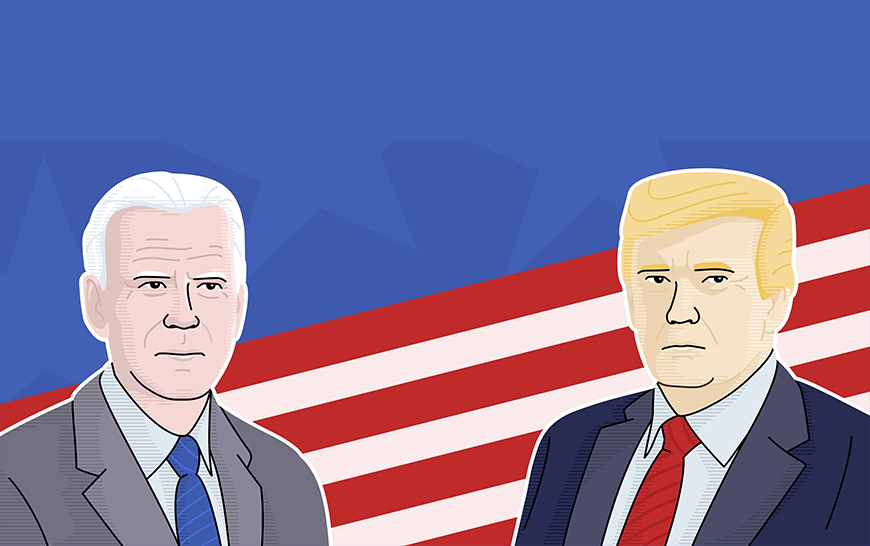 Cartoon images of Joe Biden and Donald Trump in front of a US flag