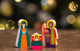 Painted wooden figures of Mary, Joseph and the baby Jesus