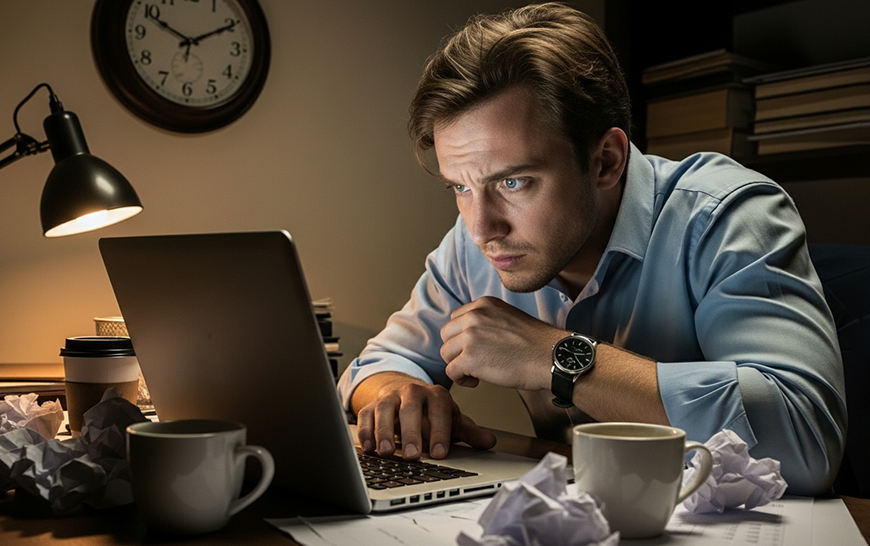 A stressed man works at his laptop