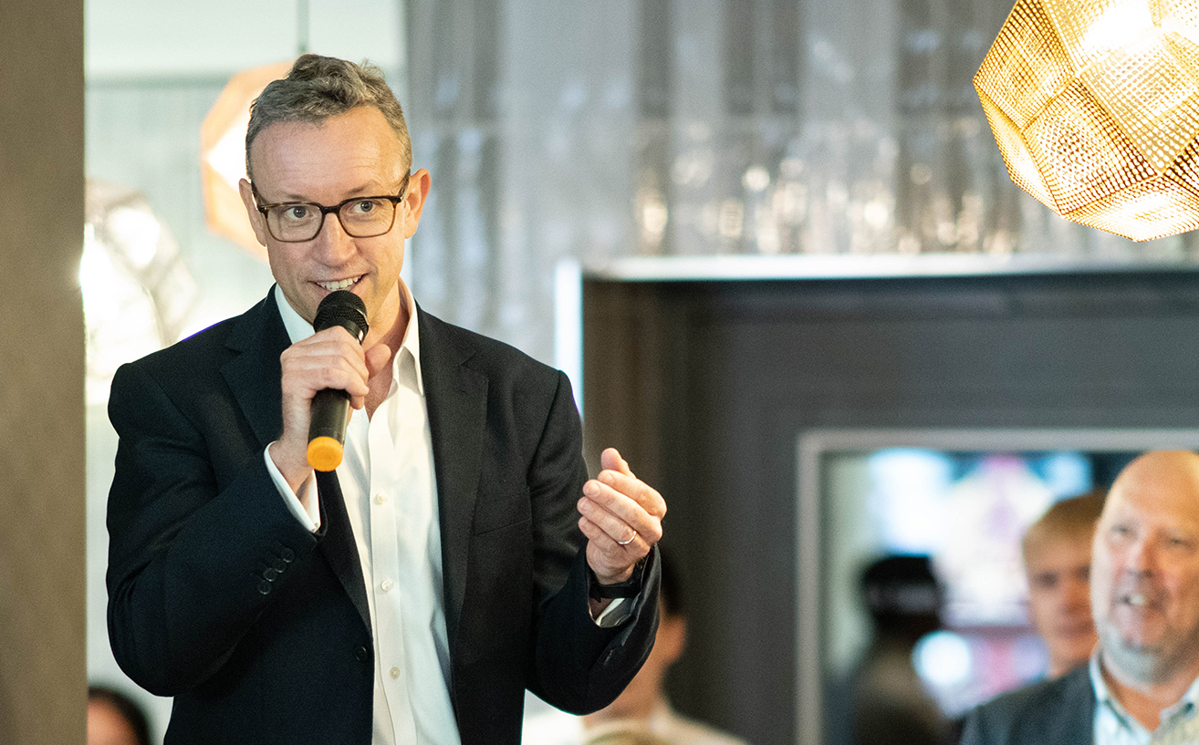 MSB Executive founder Martyn Barmby gives a speech in London.